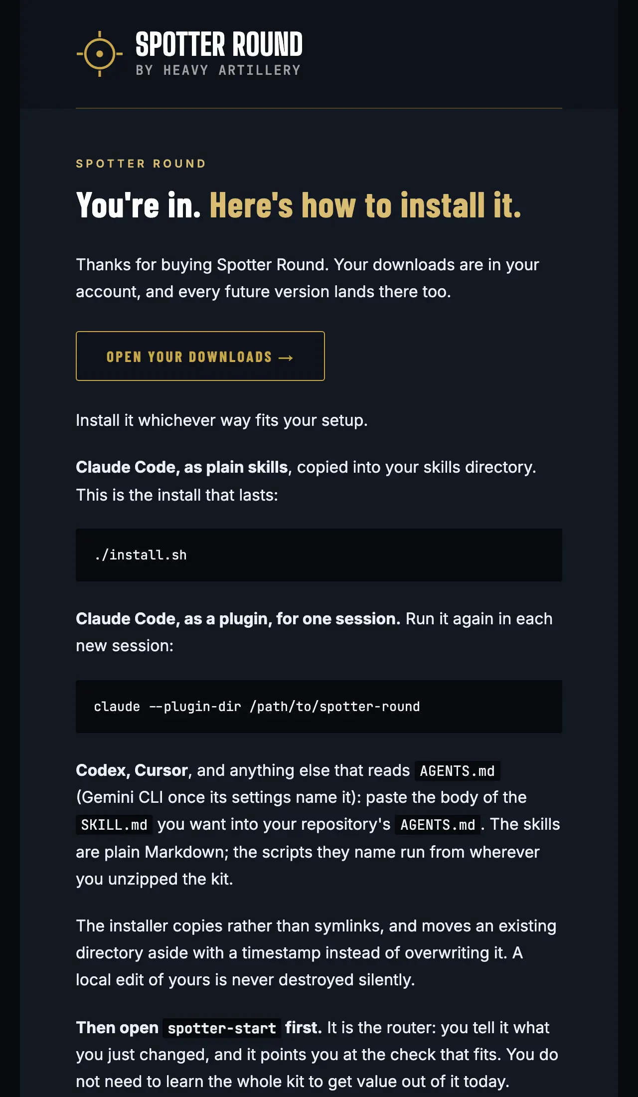 A purchase email (SureContact), rendered by Chromium at 640px in the dark color scheme, with sample data and inert links